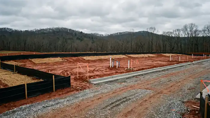 Early-stage commercial development site: a graded red-clay pad ringed with silt fencing and erosion-control matting, stubbed utility risers, fresh concrete kerbing and a gravel construction entrance, with wooded ridges behind.