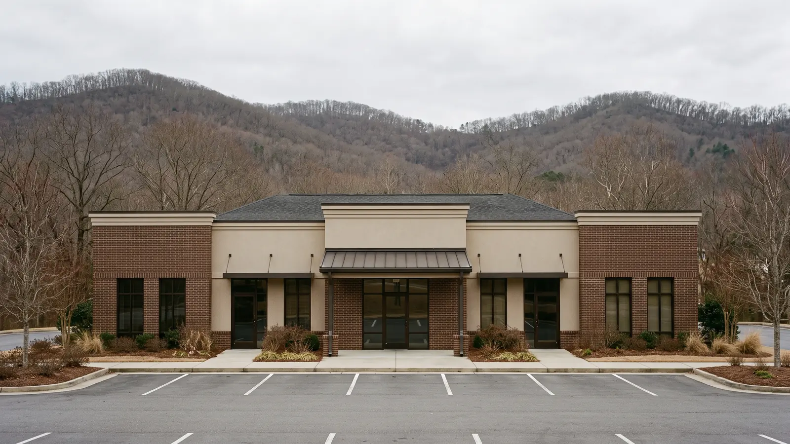 Single-storey brick and stucco professional office building with bronze storefront glazing and a covered entry canopy, an empty striped parking lot in front and bare winter hardwood ridges rising behind.