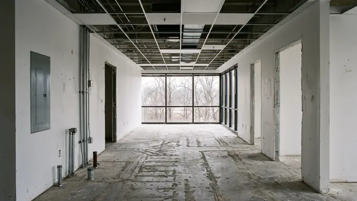 Empty second-generation office suite with an exposed ceiling grid missing some tiles, a bare concrete floor marked with old carpet adhesive lines, white partition walls and a run of aluminium-framed windows looking onto bare trees.