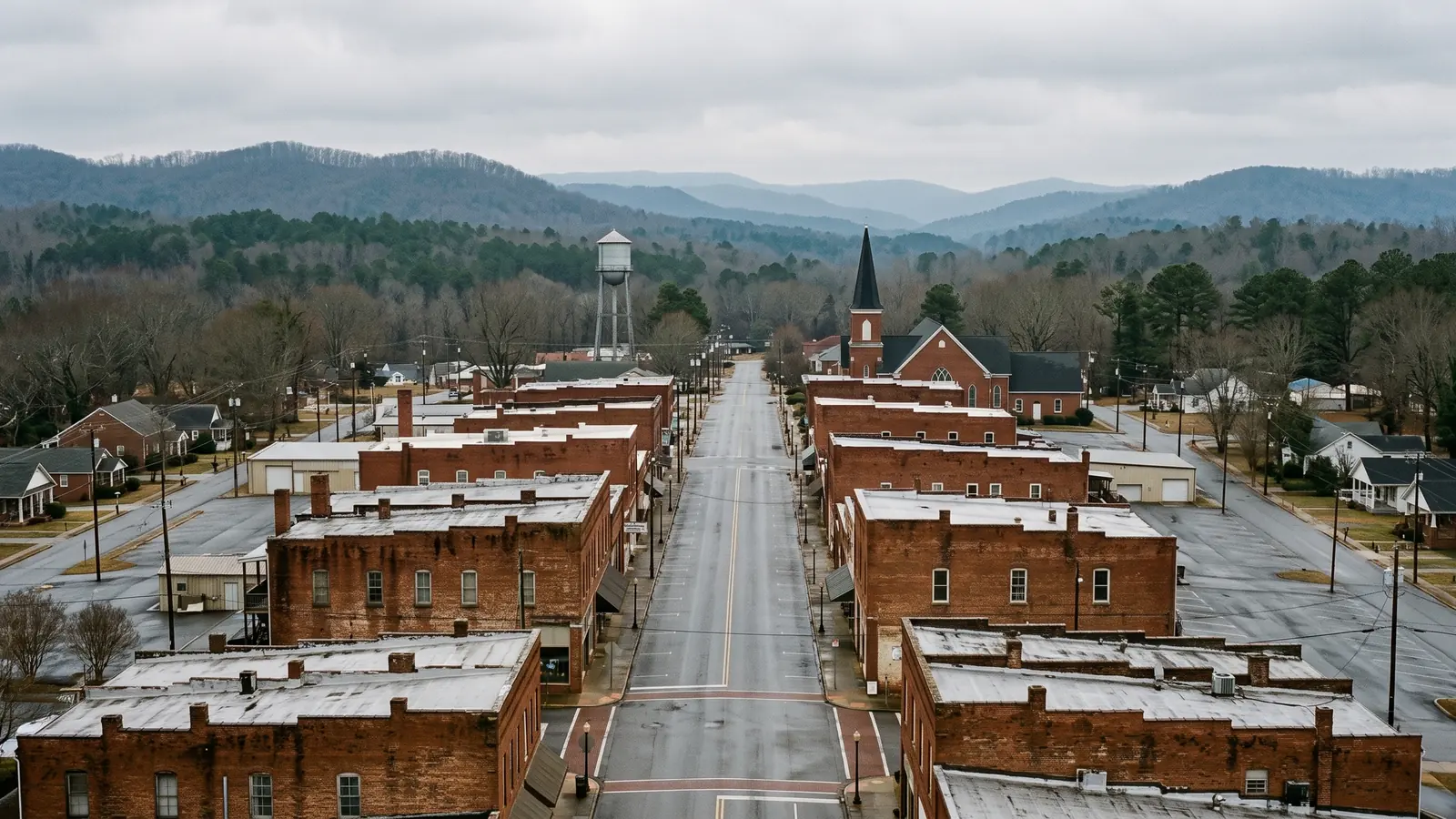 Elevated view along a small town's brick main street, flat-roofed two and three storey commercial buildings lining both sides, a church steeple and a water tower beyond, and layered forested ridges receding into haze.