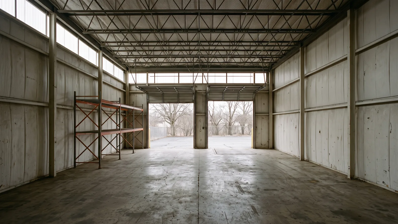 Empty light-industrial warehouse interior with a sealed concrete floor, exposed steel bar-joist roof structure, insulated metal wall panels, two partly open roll-up dock doors and a few empty pallet racks against one wall.