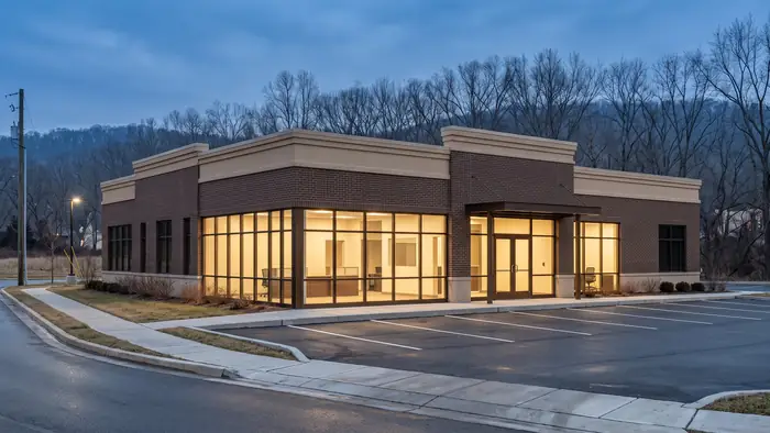 Single-storey brick and stucco professional office building with bronze storefront glazing and a covered entry canopy, an empty striped parking lot in front and bare winter hardwood ridges rising behind.