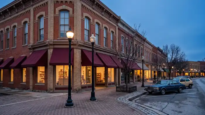Street-level corner view of attached two-storey brick storefronts with canvas awnings, a brick paver sidewalk, a cast-iron street lamp, angled kerbside parking and bare street trees.