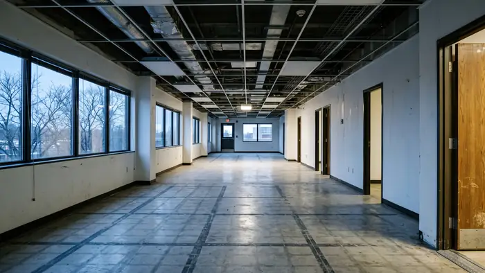 Empty second-generation office suite with an exposed ceiling grid missing some tiles, a bare concrete floor marked with old carpet adhesive lines, white partition walls and a run of aluminium-framed windows looking onto bare trees.