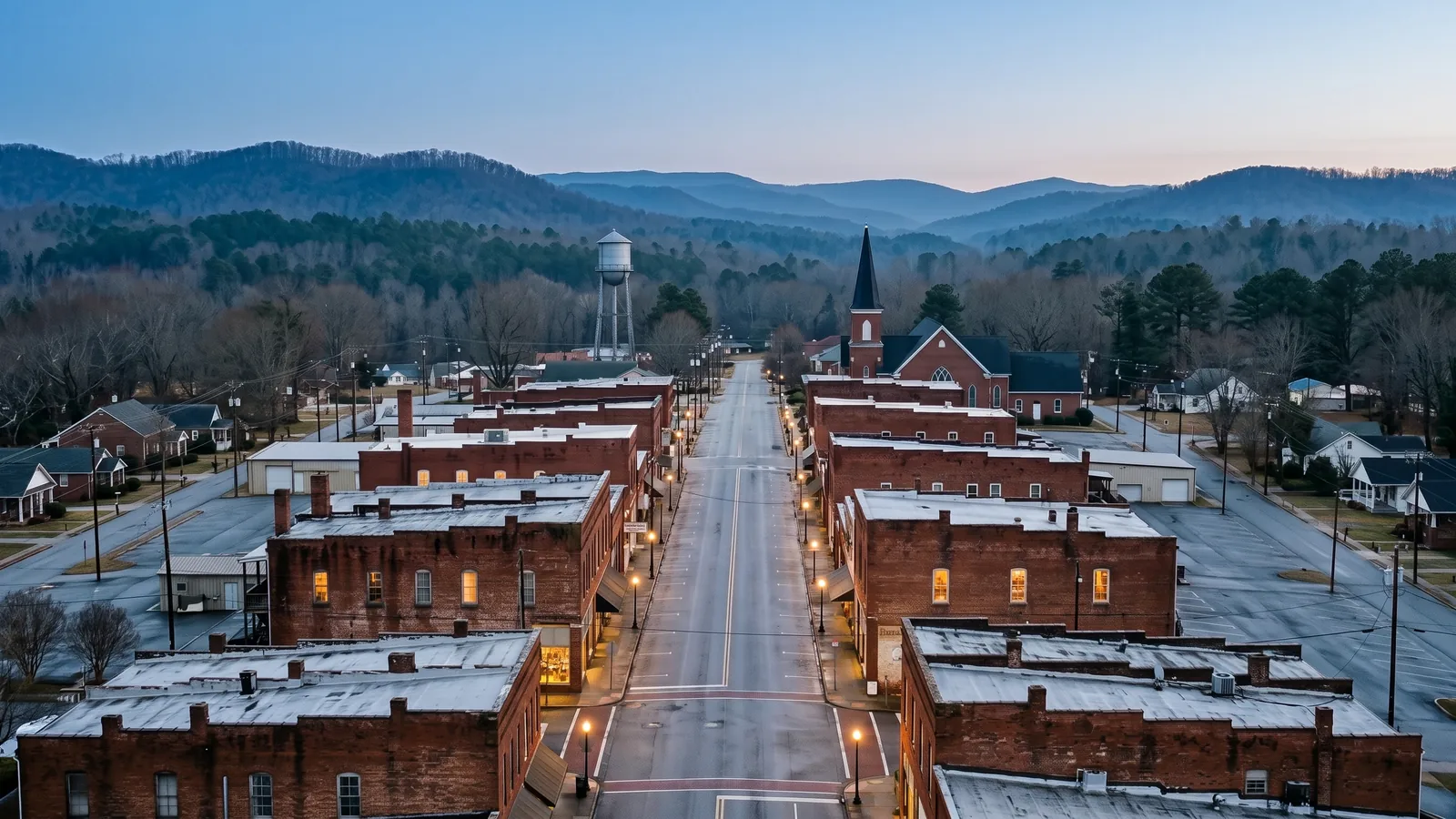 Elevated view along a small town's brick main street, flat-roofed two and three storey commercial buildings lining both sides, a church steeple and a water tower beyond, and layered forested ridges receding into haze.