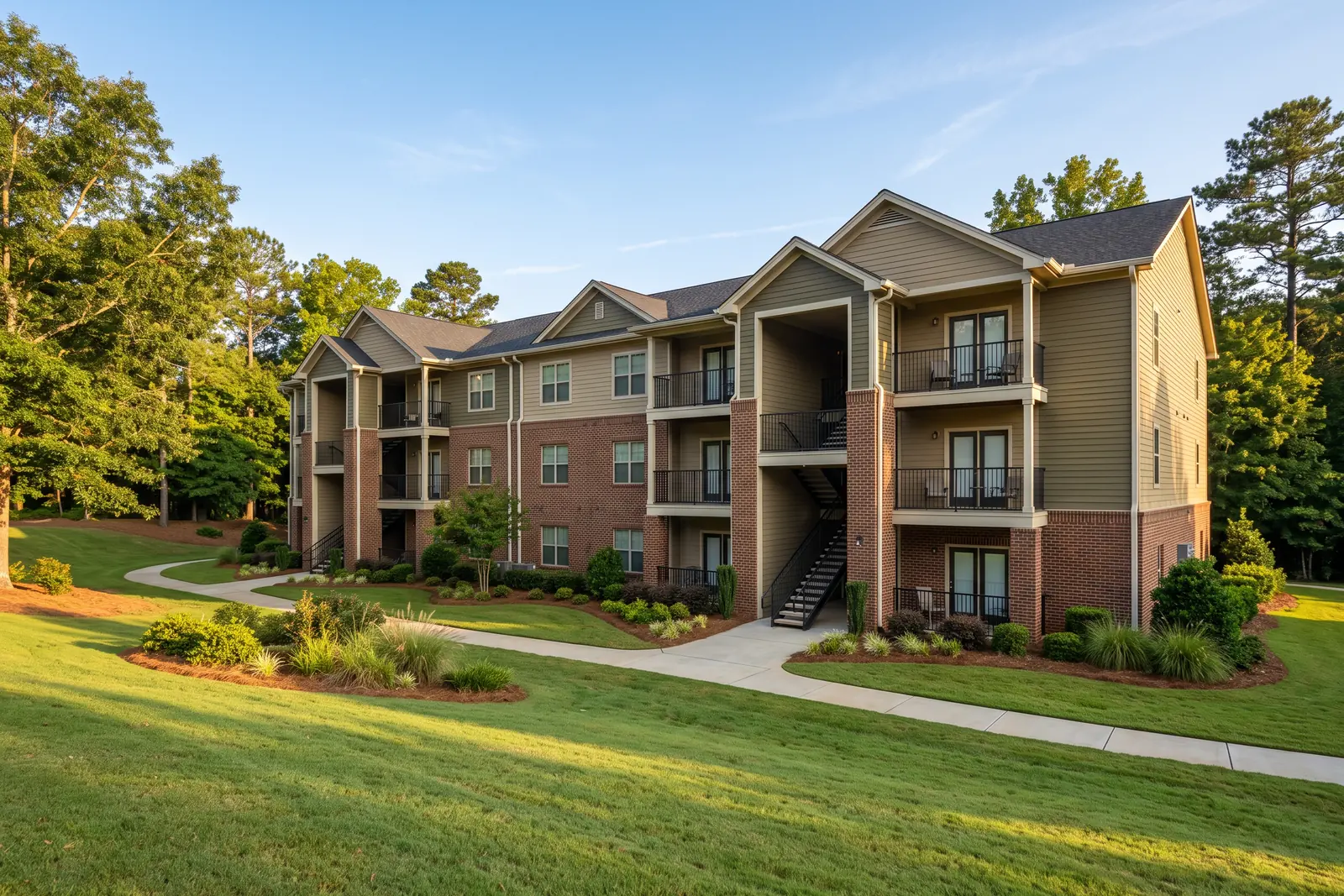 Illustrative image: a three-storey garden apartment building with brick and siding, breezeway stairs and balconies, landscaped lawn and trees.