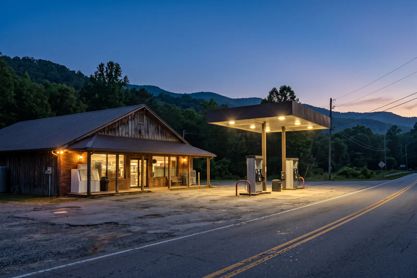 Illustrative image: a rural convenience store with a lit fuel canopy and pumps on a two-lane mountain highway at dusk.