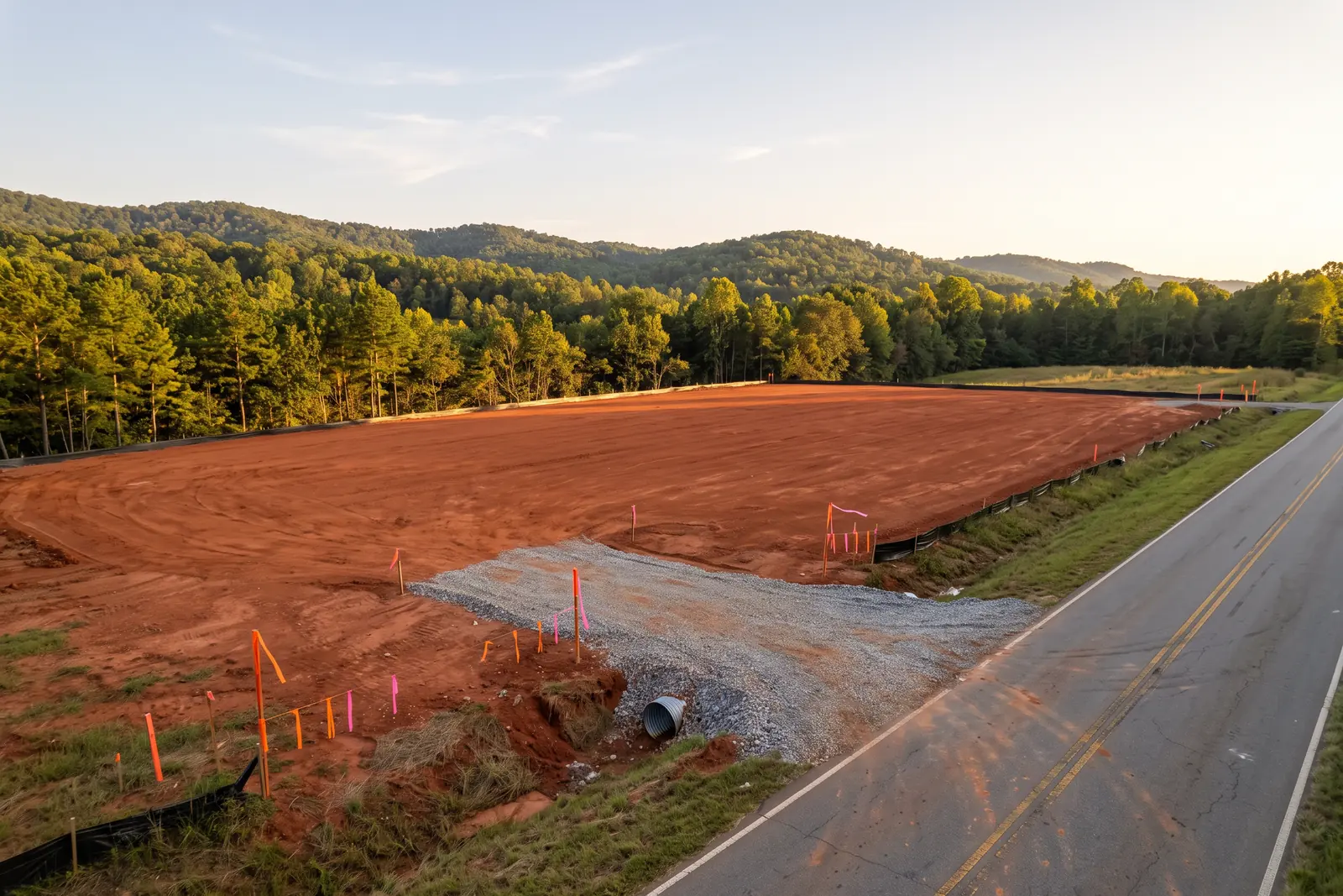 Illustrative image: a cleared and graded red-clay commercial pad beside a two-lane road, orange survey stakes, a culvert and gravel entrance, forested ridges behind.