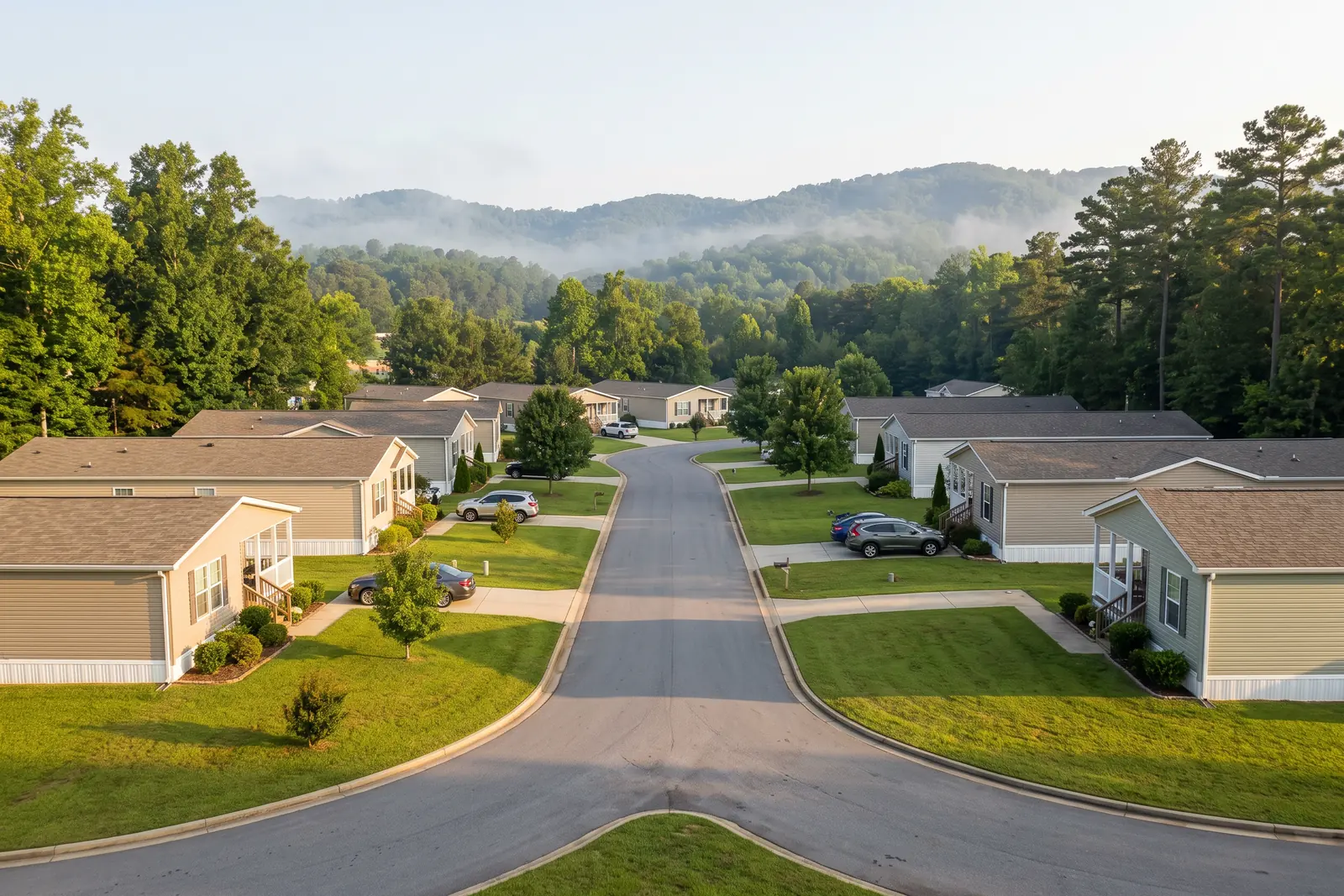 Illustrative image: a manufactured home community with neat homes along a paved road, mowed lawns, mature trees and misty hills.
