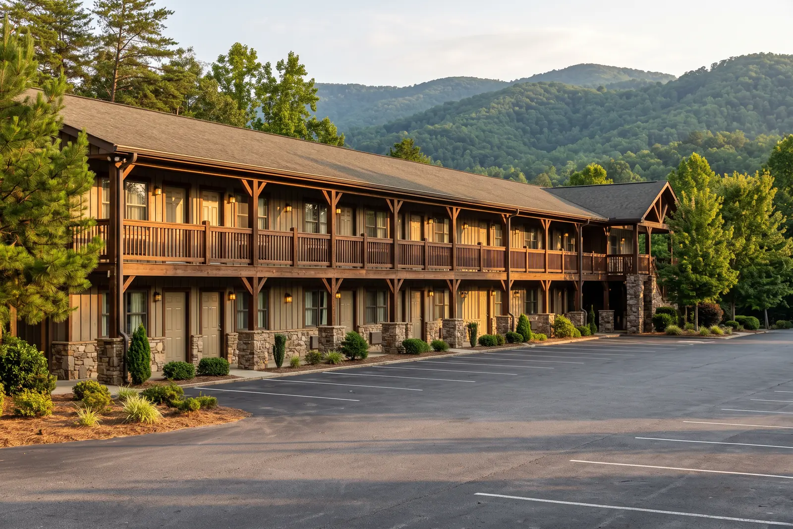 Illustrative image: a long two-storey mountain motor lodge with wooden balconies and stone accents, an empty parking lot and forested mountains behind.