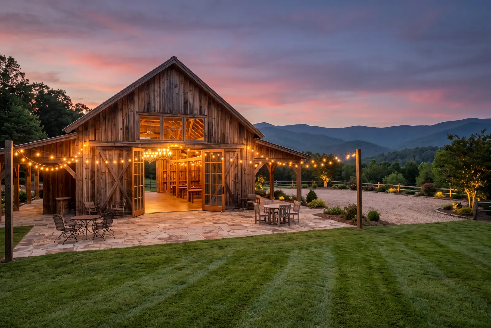 Illustrative image: a rustic timber event barn with open glass doors, warm lights and string lights over a stone patio at dusk, mountains behind.