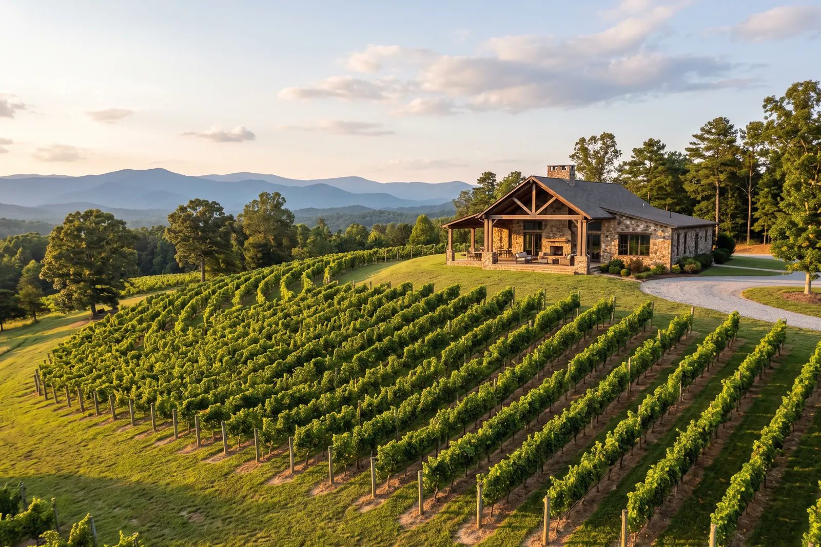 Illustrative image: vineyard rows on a hillside with a stone and timber tasting room above them and layered blue mountains on the horizon.
