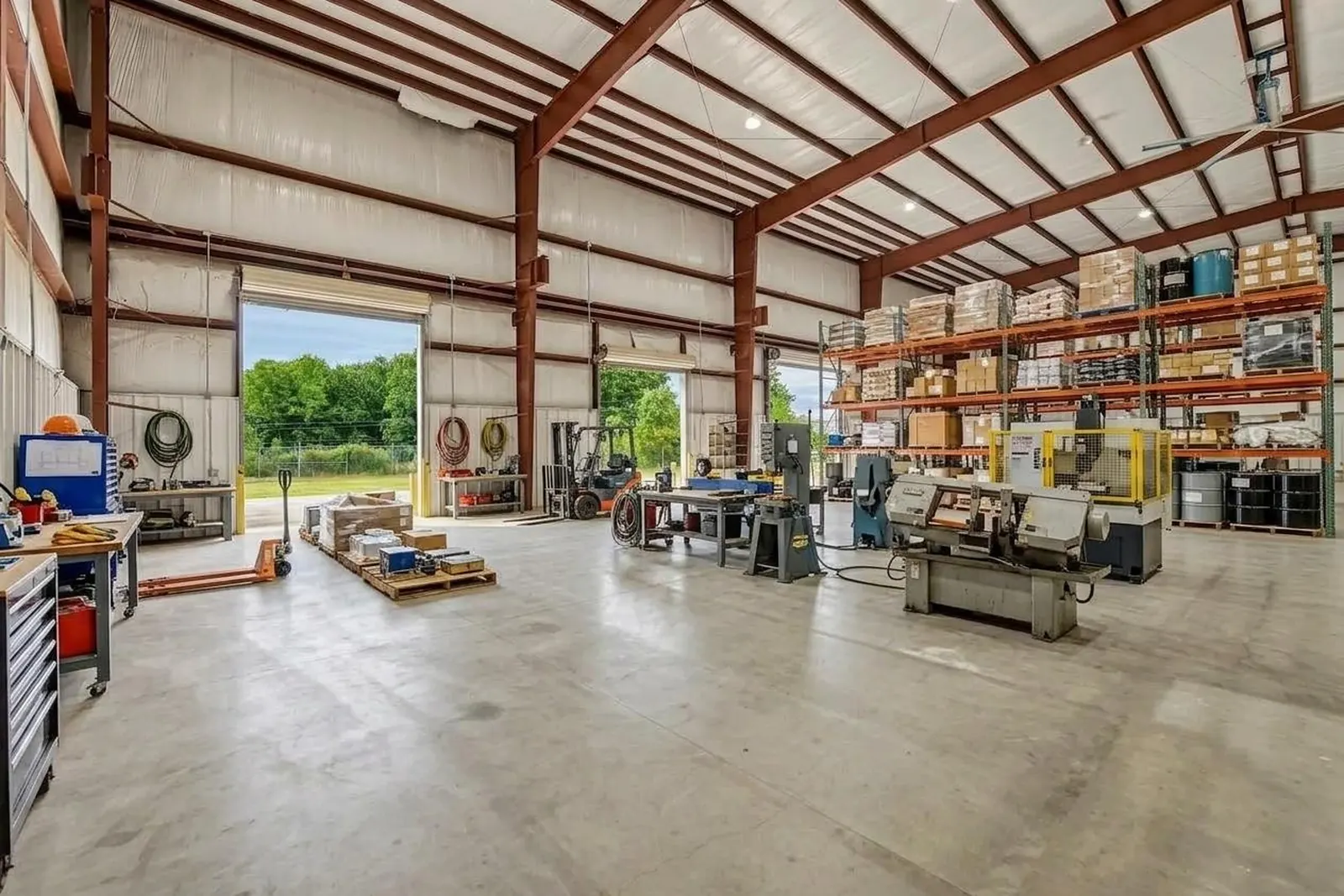 After: the same clear-span warehouse virtually staged as a working shop with pallet racking, stacked inventory, workbenches and machine tools on the concrete floor.