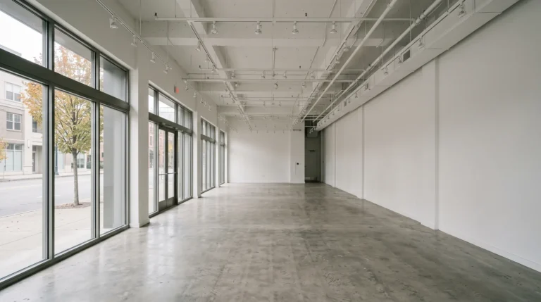 Empty ground-floor commercial space with a polished concrete floor, white walls, an exposed ceiling with track lighting, and a wall of storefront windows facing a street.