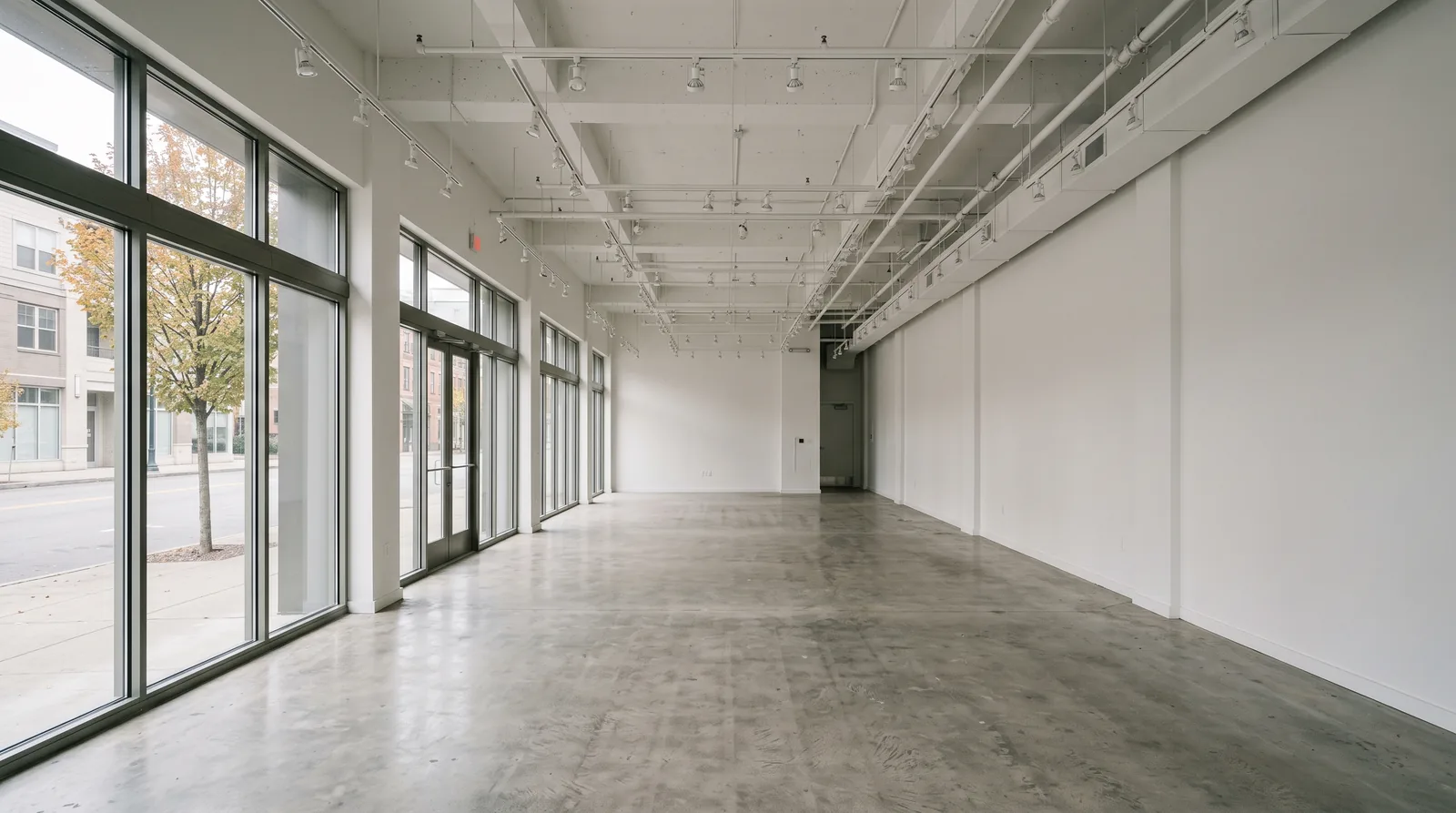 Empty ground-floor commercial space with a polished concrete floor, white walls, an exposed ceiling with track lighting, and a wall of storefront windows facing a street.