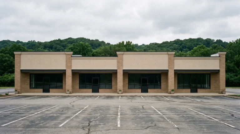 Single-story four-bay commercial retail strip with tan brick columns and empty glass storefronts, fronted by a striped asphalt parking lot, with wooded hills behind.